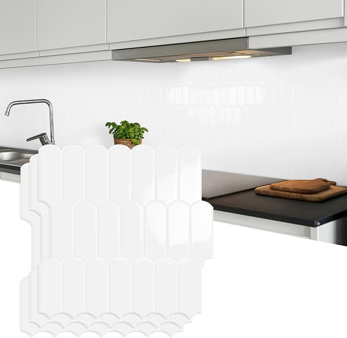 10-Sheet Upgraded Thicker Peel and Stick Kitchen Backsplash Tiles | Waterproof Self-Adhesive Vinyl Wall Tile Stick on Backsplash for Kitchen,Bathroom,Fireplace and RV(White,12"×12")