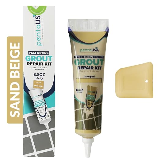 Premixed Tile Grout Repair - Sand Beige (8.8oz/250g) | 5 beige shades with RAL codes, premixed acrylic sanded, bathroom shower kitchen tile, water-resistant, 24-hour cure, 29 sq ft