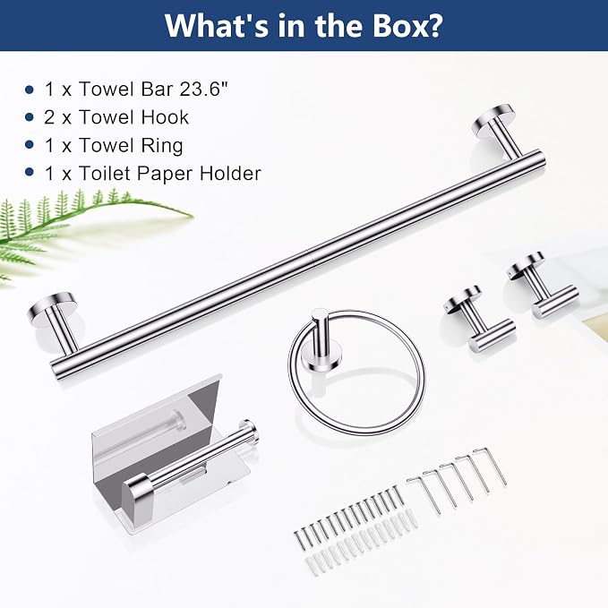 TQKAG 5 Piece Bathroom Towel Holder, Polished Chrome Bathroom Hardware Set | SUS304 Stainless Steel, 23.6" Toilet Paper Holder with Shelf, Towel Racks for Bathroom Wall Mounted, Towel Bars