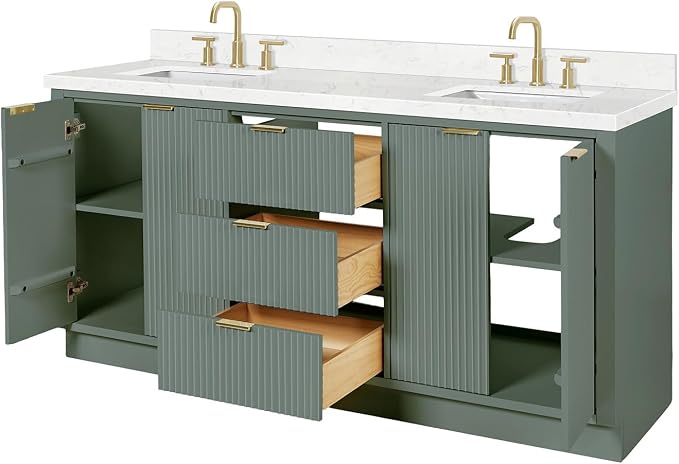 ARIEL Milan 72-inch Bathroom Vanity with Sink,Solid Wood, 1.5-inch Carrara White Quartz Countertop, Double Rectangular Porcelain Sink, Soft Closing Doors, Dovetail Drawers, Vintage Green