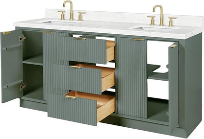 ARIEL Milan 72-inch Bathroom Vanity with Sink,Solid Wood, 1.5-inch Carrara White Quartz Countertop, Double Rectangular Porcelain Sink, Soft Closing Doors, Dovetail Drawers, Vintage Green