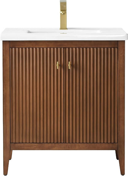 Vanity Art 30 inch Bathroom Vanity with Single Sink & Ceramic Top, Vanity Cabinet with Soft-Closing Door, Solid Wood Frame, Linear Pattern, Walnut, Golden Brushed Handware VA9130-Walnut-GB