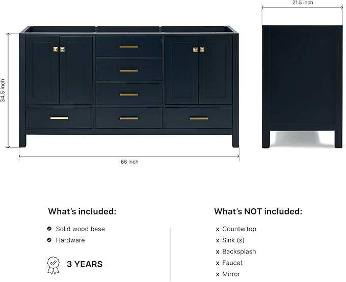 ARIEL Cambridge 66-inch Bathroom Vanity Base Cabinet,Solid Wood, 4 Soft Closing Doors, 6 Dovetail Drawers, Midnight Blue