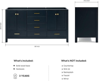 ARIEL Cambridge 66-inch Bathroom Vanity Base Cabinet,Solid Wood, 4 Soft Closing Doors, 6 Dovetail Drawers, Midnight Blue