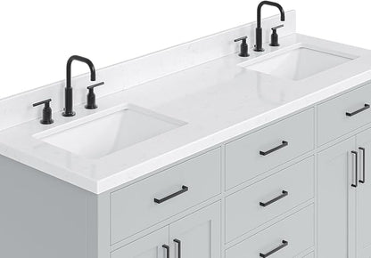 DKB Isabella 66" Grey Double Bathroom Vanity with Sink and Countertop, 1.5" Edge Carrara Quartz Top, Double Rectangular Sinks, 4 Soft Closing Doors, 6 Dovetail Drawers