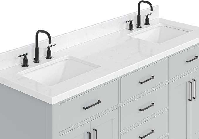 ARIEL Hepburn 66-inch Bathroom Vanity with Sink,Solid Wood, 1.5-inch Carrara White Quartz Countertop & Backsplash, Double Rectangular Porcelain Sink, 4 Soft Closing Doors, 6 Dovetail Drawers, Grey