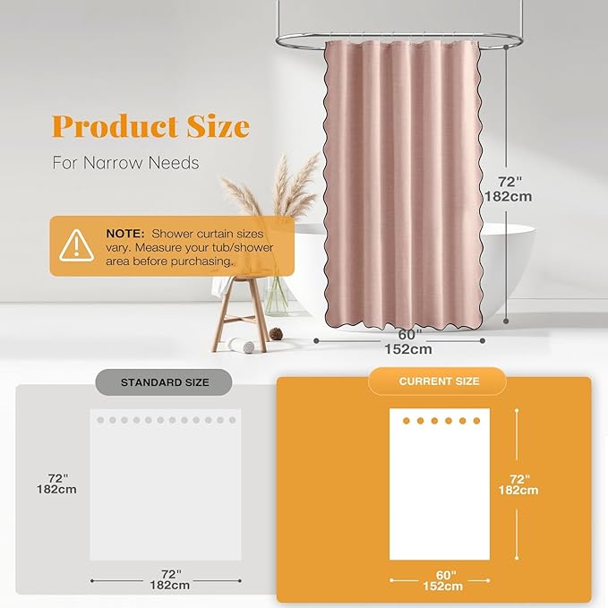 BTTN Stall Shower Curtain, Boho Scalloped Linen Textured Thick Fabric Shower Curtain Set with 10 Hooks, Small Cute Modern Decorative Waterproof Cloth Shower Curtains for Bathroom, 60x72, Blush Pink