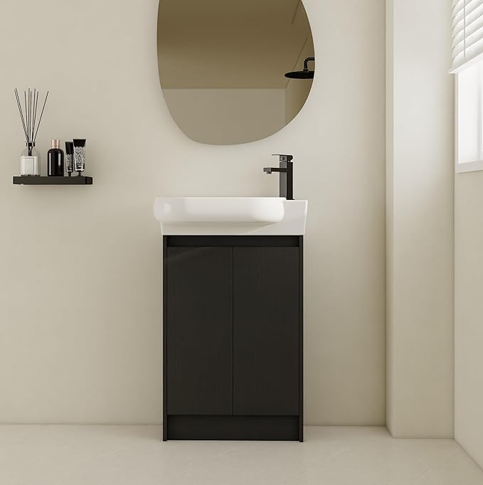 23" Freestanding Bathroom Vanity with Sink Set for Small Space, Soft Close Doors Round Ceramic Sink Bathroom Cabinet, Black Vanity and Sink Combo for Bathroom, Floor Mount Small Bathroom Vanities