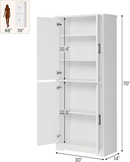 IDEALHOUSE Pantry Cabinet,70" Tall Kitchen Pantry Cabinet with 4 Doors and 3 Adjustable Shelves, Freestanding Cupboard, Modern Storage Cabinet for Bathroom, Dining Room, Living Room (White)