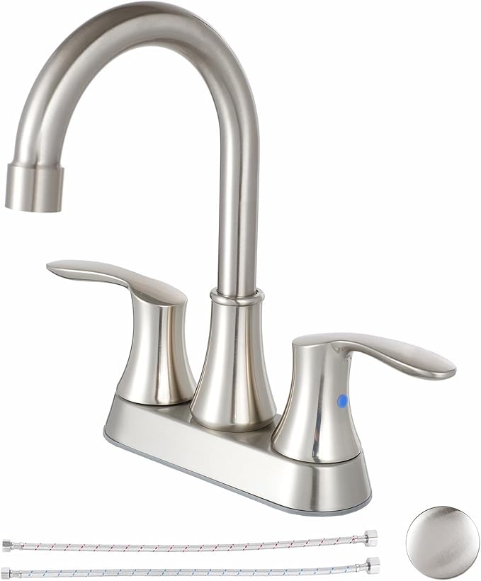 Friho 4 Inch Centerset Bathroom Faucet, Brushed Nickel Bathroom Faucets for Sink 3 Hole, Lead-Free 2 Handle Stainless Steel RV Bath Vanity Faucet with Pop-up Drain and Supply Lines
