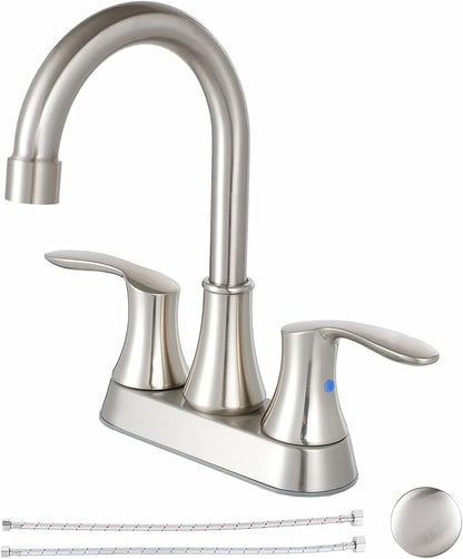 Friho 4 Inch Centerset Bathroom Faucet, Brushed Nickel Bathroom Faucets for Sink 3 Hole, Lead-Free 2 Handle Stainless Steel RV Bath Vanity Faucet with Pop-up Drain and Supply Lines