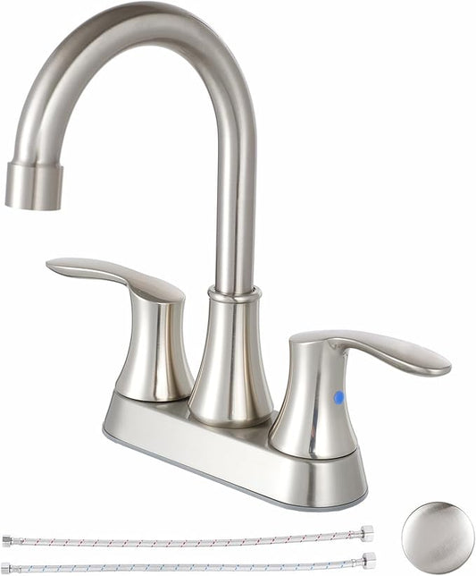 Friho 4 Inch Centerset Bathroom Faucet, Brushed Nickel Bathroom Faucets for Sink 3 Hole, Lead-Free 2 Handle Stainless Steel RV Bath Vanity Faucet with Pop-up Drain and Supply Lines