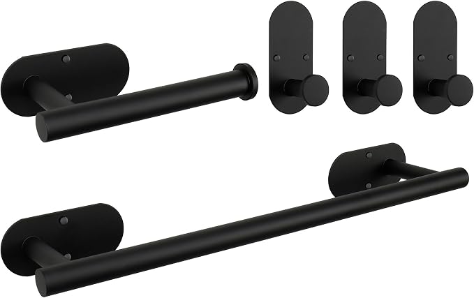TocTen 5 Pieces Wall Mounted or Self Adhesive Towel Bar Set, Stainless Steel Bathroom Hardware Set Include 16″ Towel Rack, Toilet Paper Holder, 3 Towel Hook, Sticky Bathroom Accessory Kit (Black)