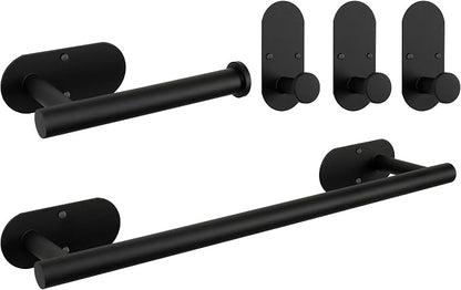 TocTen 5 Pieces Wall Mounted or Self Adhesive Towel Bar Set, Stainless Steel Bathroom Hardware Set Include 16″ Towel Rack, Toilet Paper Holder, 3 Towel Hook, Sticky Bathroom Accessory Kit (Black)