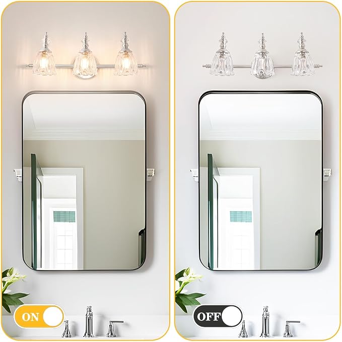 Brushed Nickel Vanity Light, Antique Bathroom Vanity Light Over Mirror, 3 Light Lighting Fixture with Flower Glass Shade, Farmhouse Sconces Wall Lighting for Hallway Living Room Bedroom