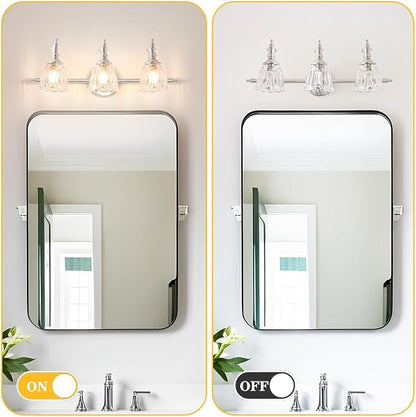 Brushed Nickel Vanity Light, Antique Bathroom Vanity Light Over Mirror, 3 Light Lighting Fixture with Flower Glass Shade, Farmhouse Sconces Wall Lighting for Hallway Living Room Bedroom