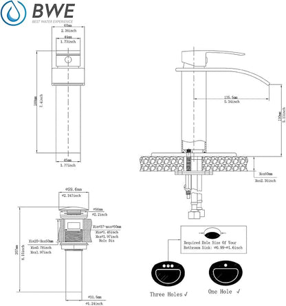 BWE Matte Black Bathroom Faucet Modern Waterfall Single Hole Faucet for Bathroom Sink Single Handle with Pop Up Drain with Overflow Assembly and Supply Line Lavatory Bath Faucet