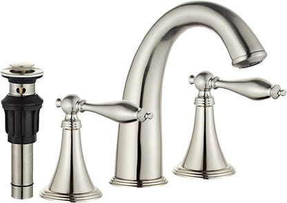 Bathroom Faucet Widespread 3 Hole, 6–16 Inch Vanity Sink Faucet with 2 Handles, Drip-Free Ceramic Disc Valve, Solid Brass, Push Pop-Up Drain Assembly Included