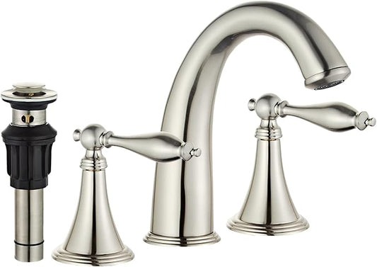 Bathroom Faucet Widespread 3 Hole, 6–16 Inch Vanity Sink Faucet with 2 Handles, Drip-Free Ceramic Disc Valve, Solid Brass, Push Pop-Up Drain Assembly Included