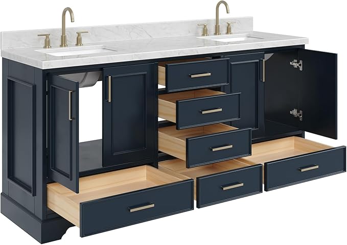 ARIEL Stafford 72-inch Bathroom Vanity with Sink,Solid Wood, 1.5-inch Italian Carrara Marble Countertop, Double Rectangular Porcelain Sink, 4 Soft Closing Doors, 6 Dovetail Drawers, Midnight Blue