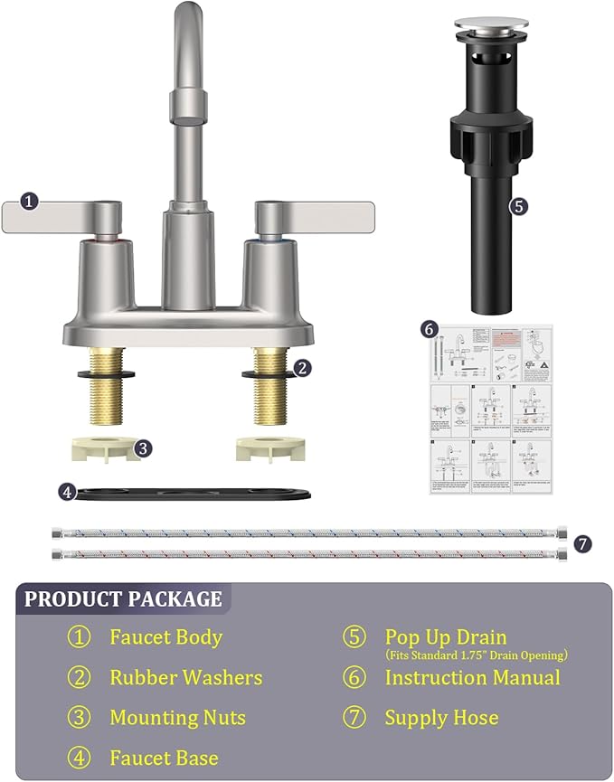 Bathroom Faucets for Sink 3 Hole, Evolvegoods 4 Inch Brushed Nickel Bathroom Faucet with Pop Up Drain and 2 Supply Hoses, 2-Handle Centerset Faucet for Sink Vanity RV