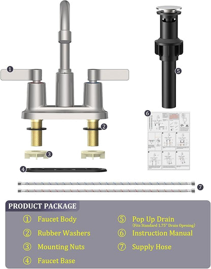 Bathroom Faucets for Sink 3 Hole, Evolvegoods 4 Inch Brushed Nickel Bathroom Faucet with Pop Up Drain and 2 Supply Hoses, 2-Handle Centerset Faucet for Sink Vanity RV