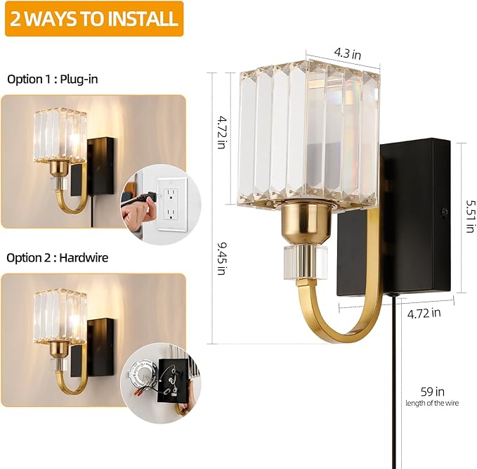 Modern Crystal Wall Sconce with Plug，Black Gold Wall Mounted Light Fixture, Plug-in Vanity Light with On/Off Switch for Bathroom Mirror, Makeup Area, Bedroom Decor