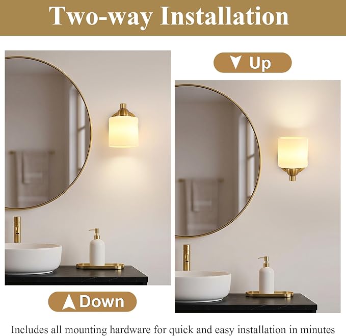 Mecgirn Brass Milk Glass Wall Sconces, 1 Pack Hardwired Indoor Wall Light Fixtures for Living Room, Hallway, Bedroom, Ceramic E26 Sockets (Bulbs Not Included)