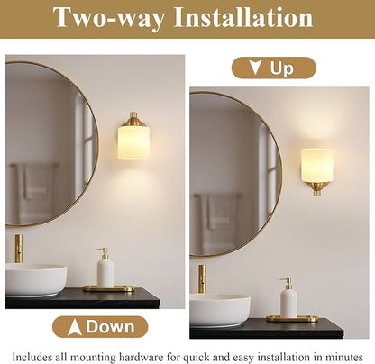 Mecgirn Brass Milk Glass Wall Sconces, 1 Pack Hardwired Indoor Wall Light Fixtures for Living Room, Hallway, Bedroom, Ceramic E26 Sockets (Bulbs Not Included)