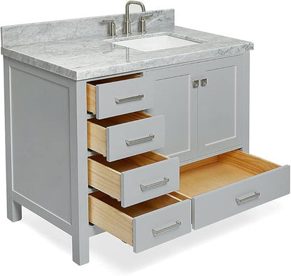 ARIEL Cambridge 42-inch Bathroom Vanity with Sink,Solid Wood, 1.5-inch Italian Carrara Marble Countertop, Single Rectangular Porcelain Sink, 2 Soft Closing Doors, 5 Dovetail Drawers, Grey