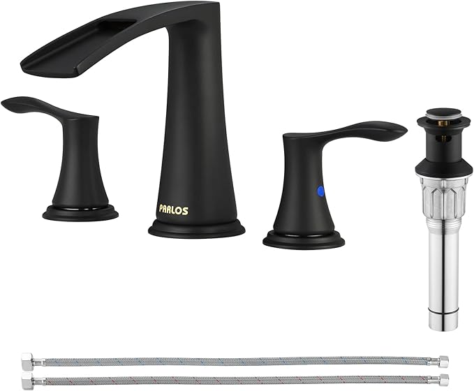 PARLOS Waterfall Widespread Bathroom Faucet Two Handles with Metal Pop Up Drain & cUPC Faucet Supply Lines, Matte Black, Demeter 1431804
