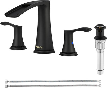 PARLOS Waterfall Widespread Bathroom Faucet Two Handles with Metal Pop Up Drain & cUPC Faucet Supply Lines, Matte Black, Demeter 1431804
