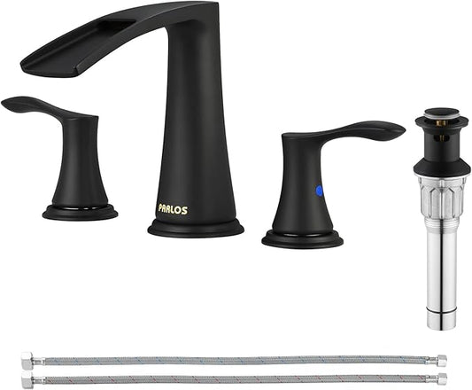 PARLOS Waterfall Widespread Bathroom Faucet Two Handles with Metal Pop Up Drain & cUPC Faucet Supply Lines, Matte Black, Demeter 1431804