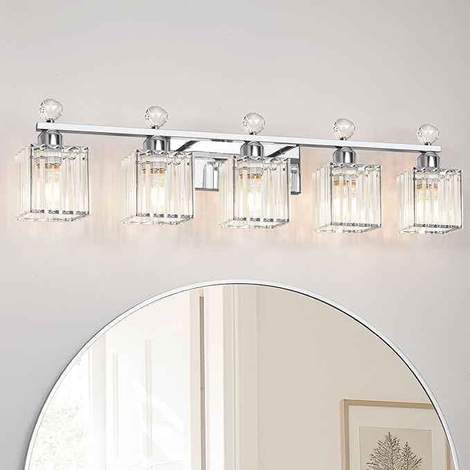 Lxybcce Bathroom Vanity Lights Over Mirror - Easy Installation with Clear Guide, 5-Light Shadow-Free Design, Chrome Crystal Finish - for Modern Home Bathroom Lighting Fixtures in DIY Projects