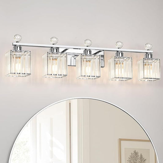 Lxybcce Bathroom Vanity Lights Over Mirror - Easy Installation with Clear Guide, 5-Light Shadow-Free Design, Chrome Crystal Finish - for Modern Home Bathroom Lighting Fixtures in DIY Projects