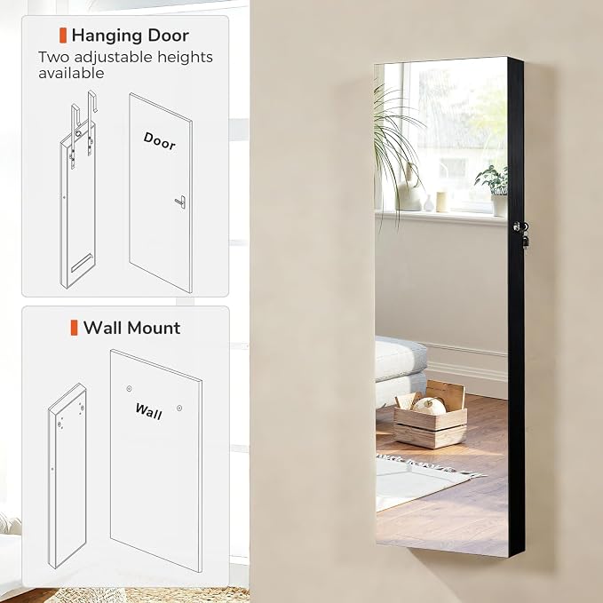 GISSAR Full Length Mirror Jewelry Cabinet, 6 LEDs Jewelry Armoire Wall Mounted Over The Door Hanging, Jewelry Organizer Storage with Lights Lockable, Black, 14.6" x 47.2"