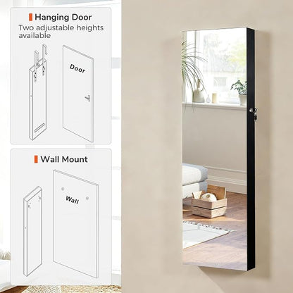GISSAR Full Length Mirror Jewelry Cabinet, 6 LEDs Jewelry Armoire Wall Mounted Over The Door Hanging, Jewelry Organizer Storage with Lights Lockable, Black, 14.6" x 47.2"