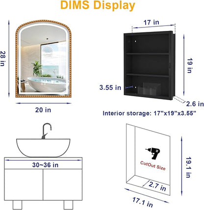 20x28 Inch Arched Medicine Cabinet with Mirror and Lights, LED Bathroom Mirror Cabinet with Defogging & Touch Light, Surface Mount and Recessed with 1 Storage Organizer, Daisy Beaded Frame Bling Gold