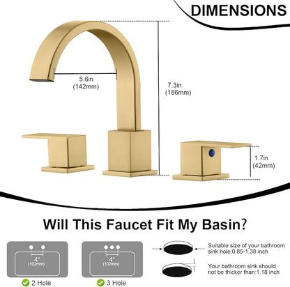 Widespread Brushed Gold Bathroom Faucets, Waterfall Golden Stainless Steel Bathroom Faucet for Sink 3 Hole, Vanity Lavatory Faucets with Drain & Water Hoses, 8 Inch, Lead-Free, 360° Swivel