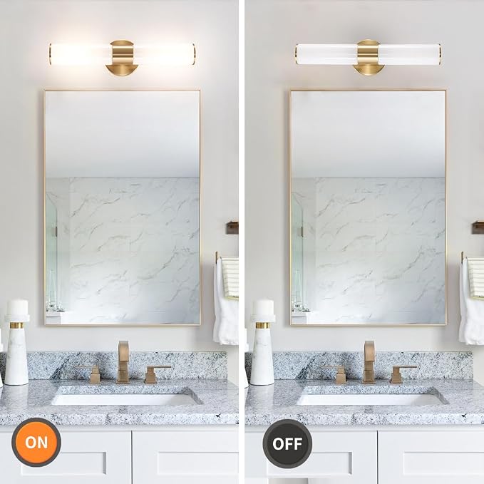 Brushed Gold Wall Sconces Set of 2 (Hardwired Only), Bathroom Vanity Light Fixtures, Modern Mikly White Glass Wall Lights for Mirror 28-40 inch Height, NOT Battery Operated, E26 Base (Without bulb)