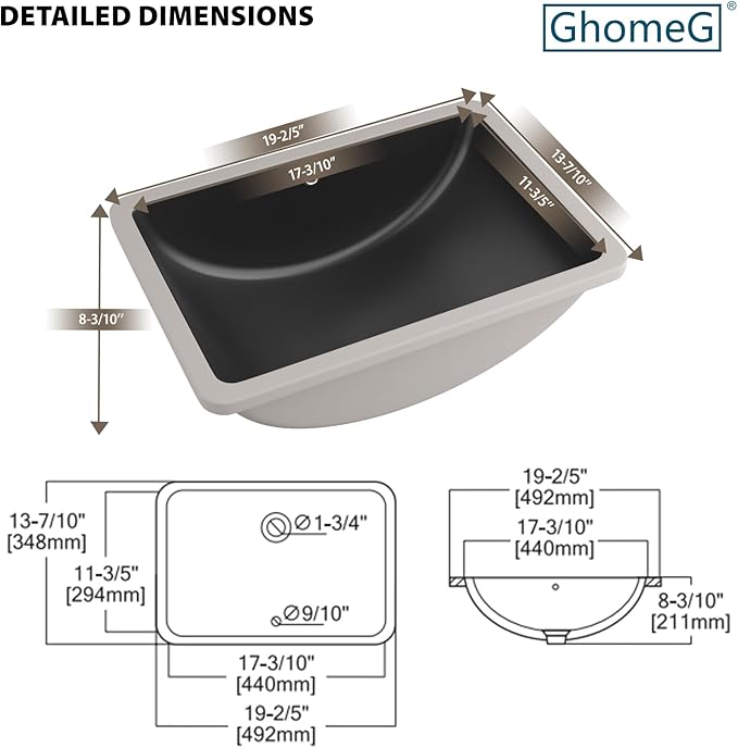 Undermount Bathroom Sink 20 x 14 inch Black Vessel Sink Rectangular Modern Ceramic Rectangle Vanity Art Basin with Overflow