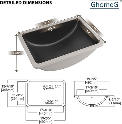 Undermount Bathroom Sink 20 x 14 inch Black Vessel Sink Rectangular Modern Ceramic Rectangle Vanity Art Basin with Overflow