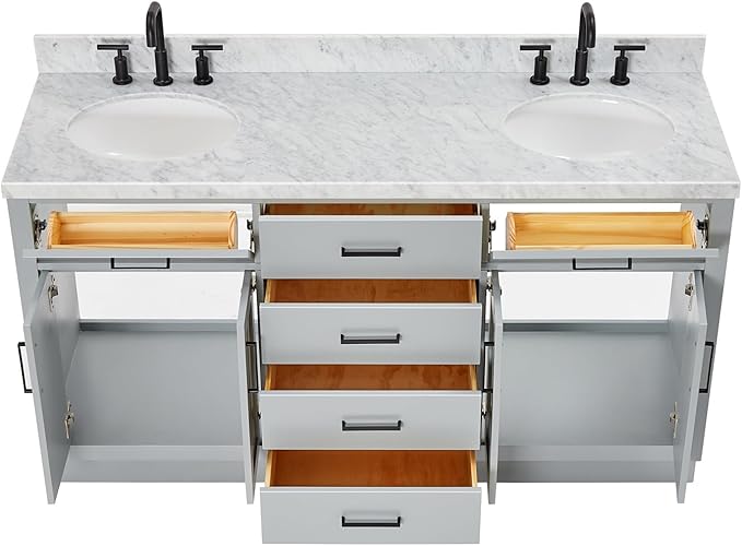 ARIEL Hepburn 66-inch Bathroom Vanity with Sink,Solid Wood, 1.5-inch Italian Carrara Marble Countertop & Backsplash, Double Oval Porcelain Sink, 4 Soft Closing Doors, 6 Dovetail Drawers, Grey