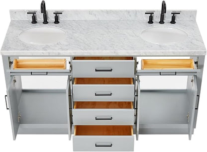 ARIEL Hepburn 66-inch Bathroom Vanity with Sink,Solid Wood, 1.5-inch Italian Carrara Marble Countertop & Backsplash, Double Oval Porcelain Sink, 4 Soft Closing Doors, 6 Dovetail Drawers, Grey