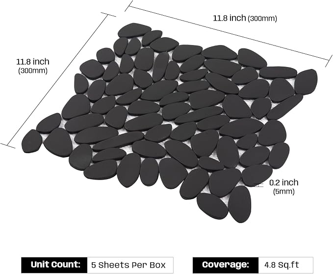Pebble Tile for Shower Floor, Black Long Oval Pebble Mosaic Backsplash for Kitchen Bathroom Wall and Floor Tile and Outdoor Areas, 5 Sheets