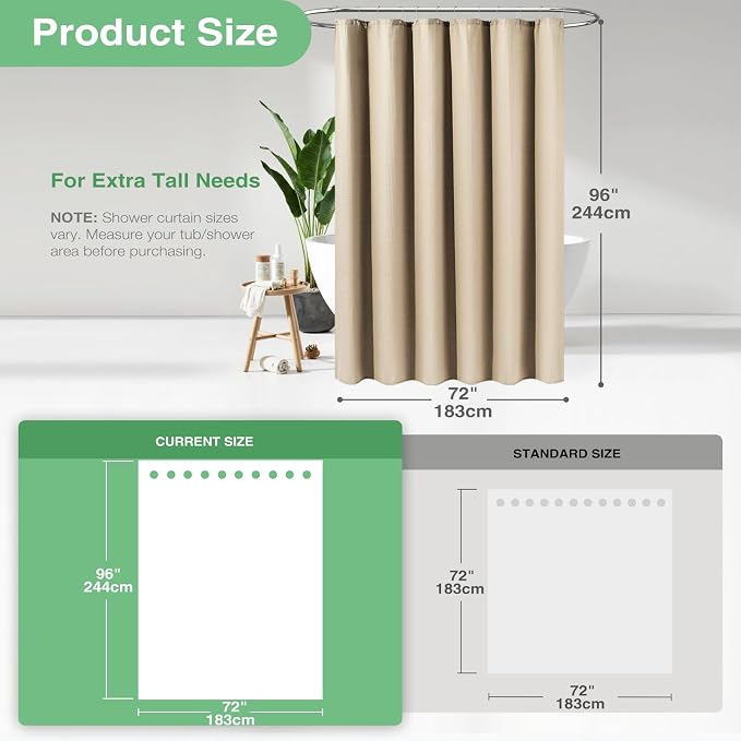 Extra Long Waffle Shower Curtain 256 GSM Fabric 72x96 Beige/Khaki | 96 Inch Tall, Thick Cloth, Weighted Hem, Water Repellent, Hotel Luxury Polyester Shower Curtain Set for Bathroom 12 Hooks
