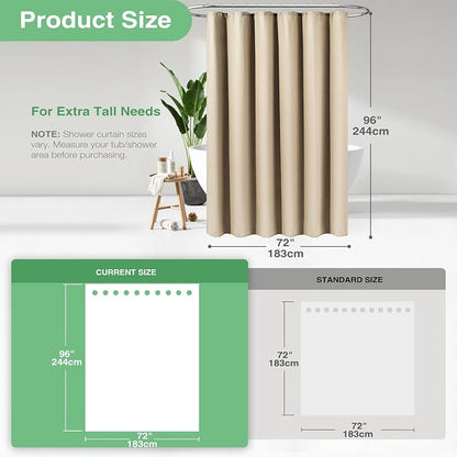 Extra Long Waffle Shower Curtain 256 GSM Fabric 72x96 Beige/Khaki | 96 Inch Tall, Thick Cloth, Weighted Hem, Water Repellent, Hotel Luxury Polyester Shower Curtain Set for Bathroom 12 Hooks