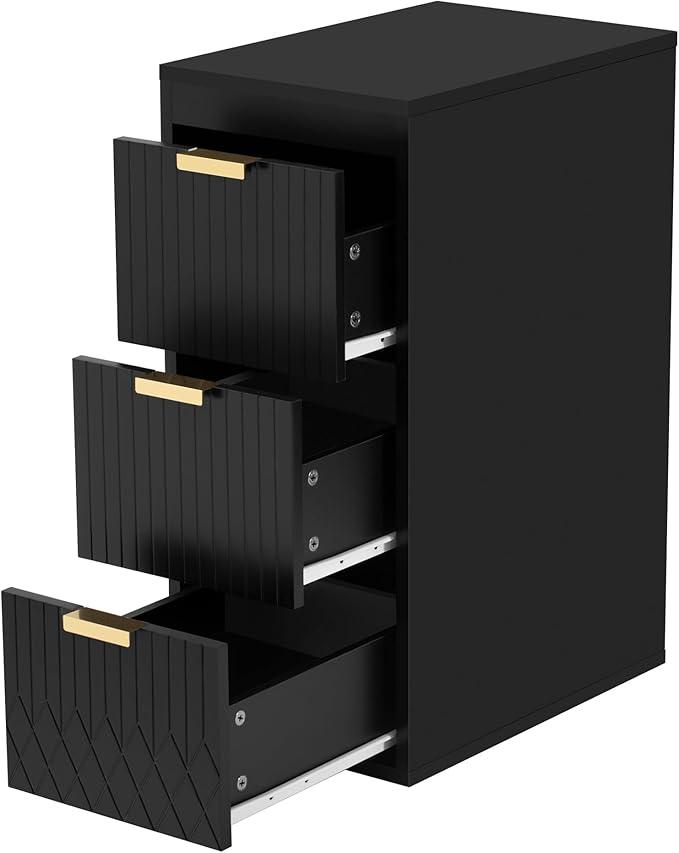 12 Inch Floating Bathroom Side Cabinet, Wall Mounted Bathroom Storage Cabinet with 3 Drawers, Modern Slim Organizer with Decor Line, Gold Metal Pulls