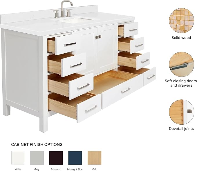 ARIEL Cambridge 60-inch Bathroom Vanity with Sink,Solid Wood, 1.5-inch Carrara White Quartz Countertop, Single Rectangular Porcelain Sink, 2 Soft Closing Doors, 9 Dovetail Drawers, White