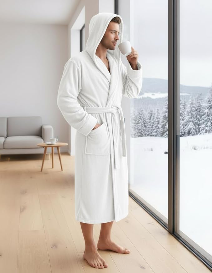 NY Threads Mens Robe with Hood, Luxury Plush Fleece Hooded Mens Bathrobe, Spa Bath Robe for Men